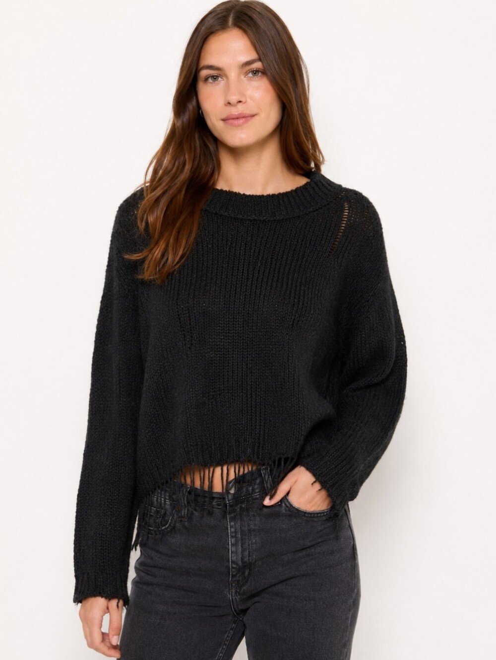 Wooden Ships Black Mohair/Wool Blend Fringe Hem Sweater XS/S
